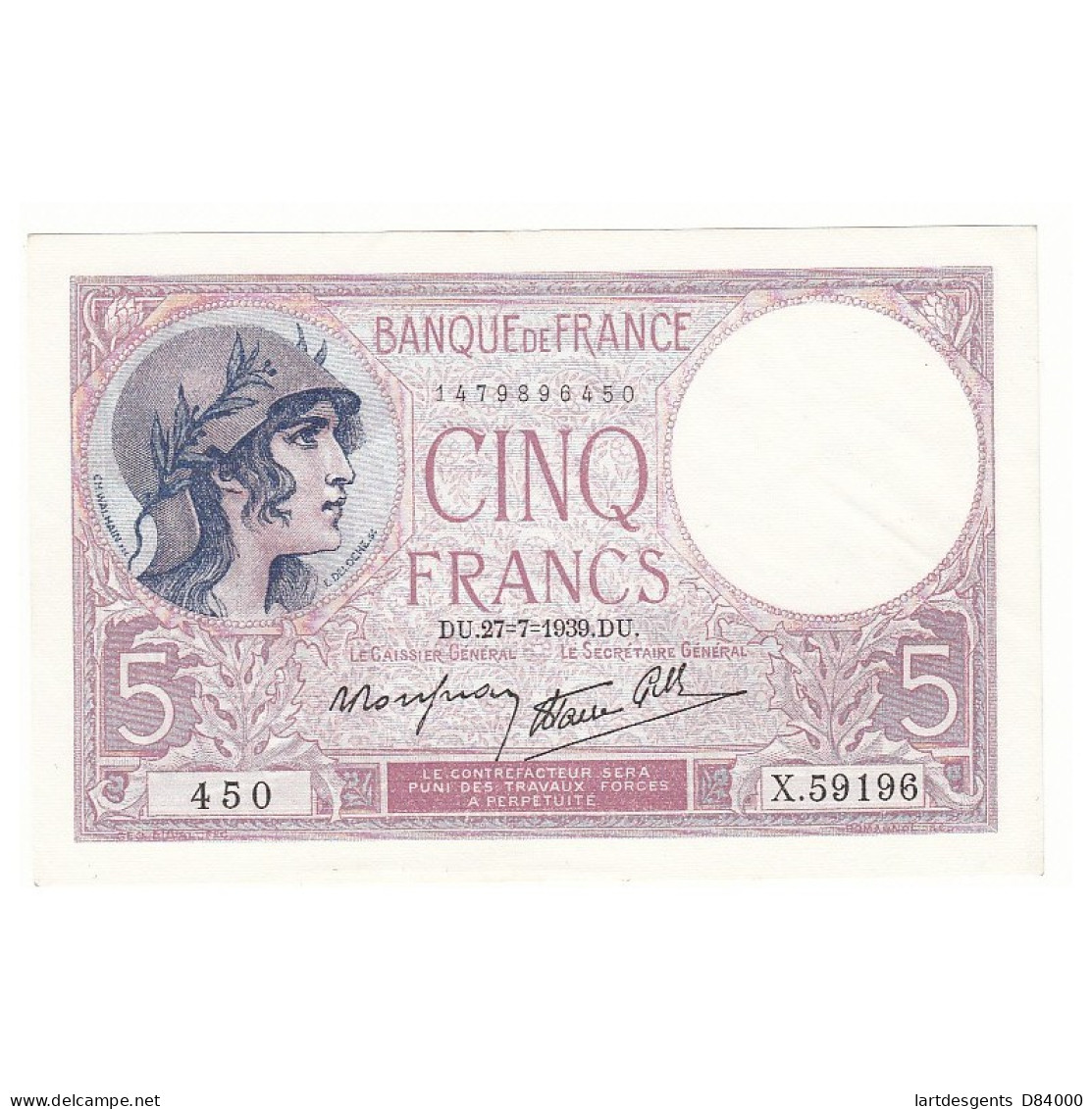 5 FRANCS VIOLET 27-07-1939 P/NEUF Fayette 4.3 - 5 F 1917-1940 ''Violet''