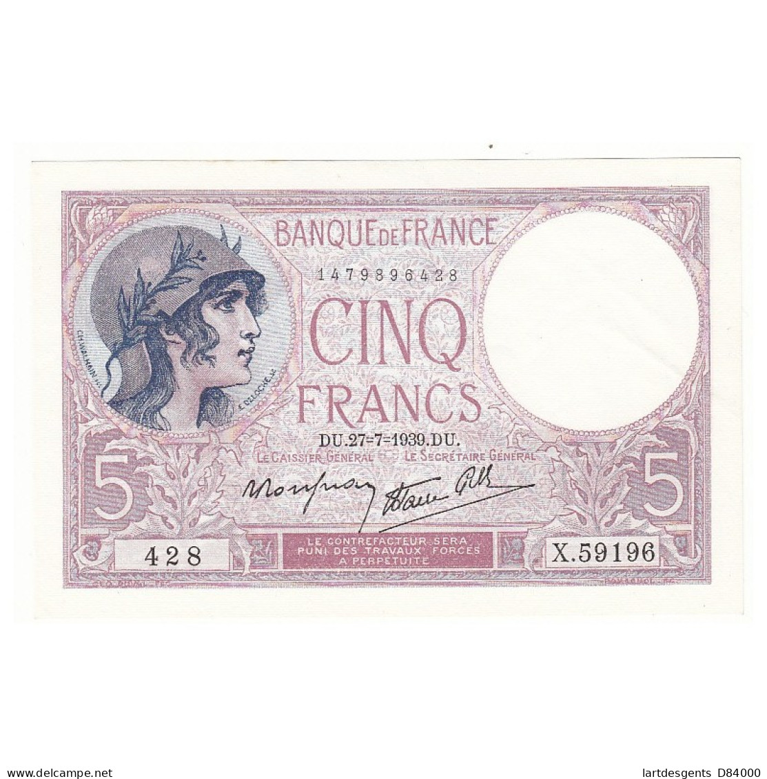 5 FRANCS VIOLET 27-07-1939 P/NEUF Fayette 4.3 - 5 F 1917-1940 ''Violet''