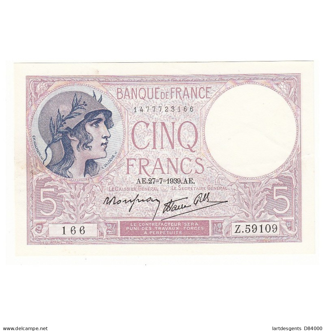 5 FRANCS VIOLET 27-07-1939 SUP Fayette 4.3 - 5 F 1917-1940 ''Violet''