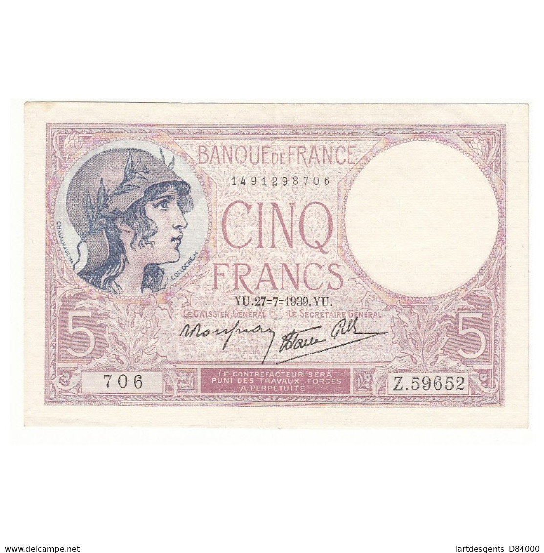 5 FRANCS VIOLET 27-07-1939 SUP Fayette 4.3 - 5 F 1917-1940 ''Violet''