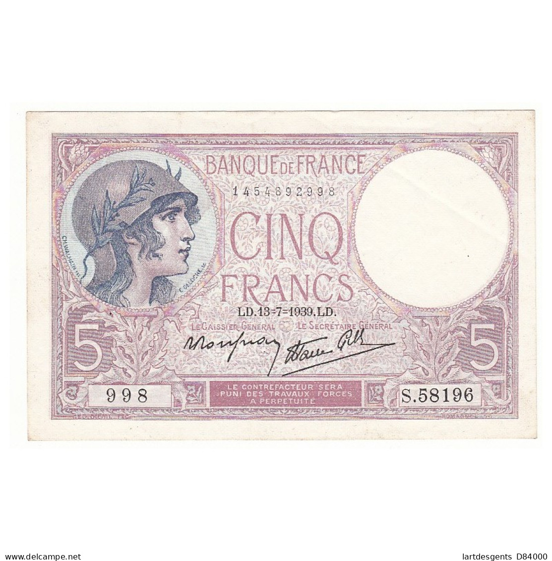 5 FRANCS VIOLET 13-07-1939 SUP+   Fayette 4.1 - 5 F 1917-1940 ''Violet''