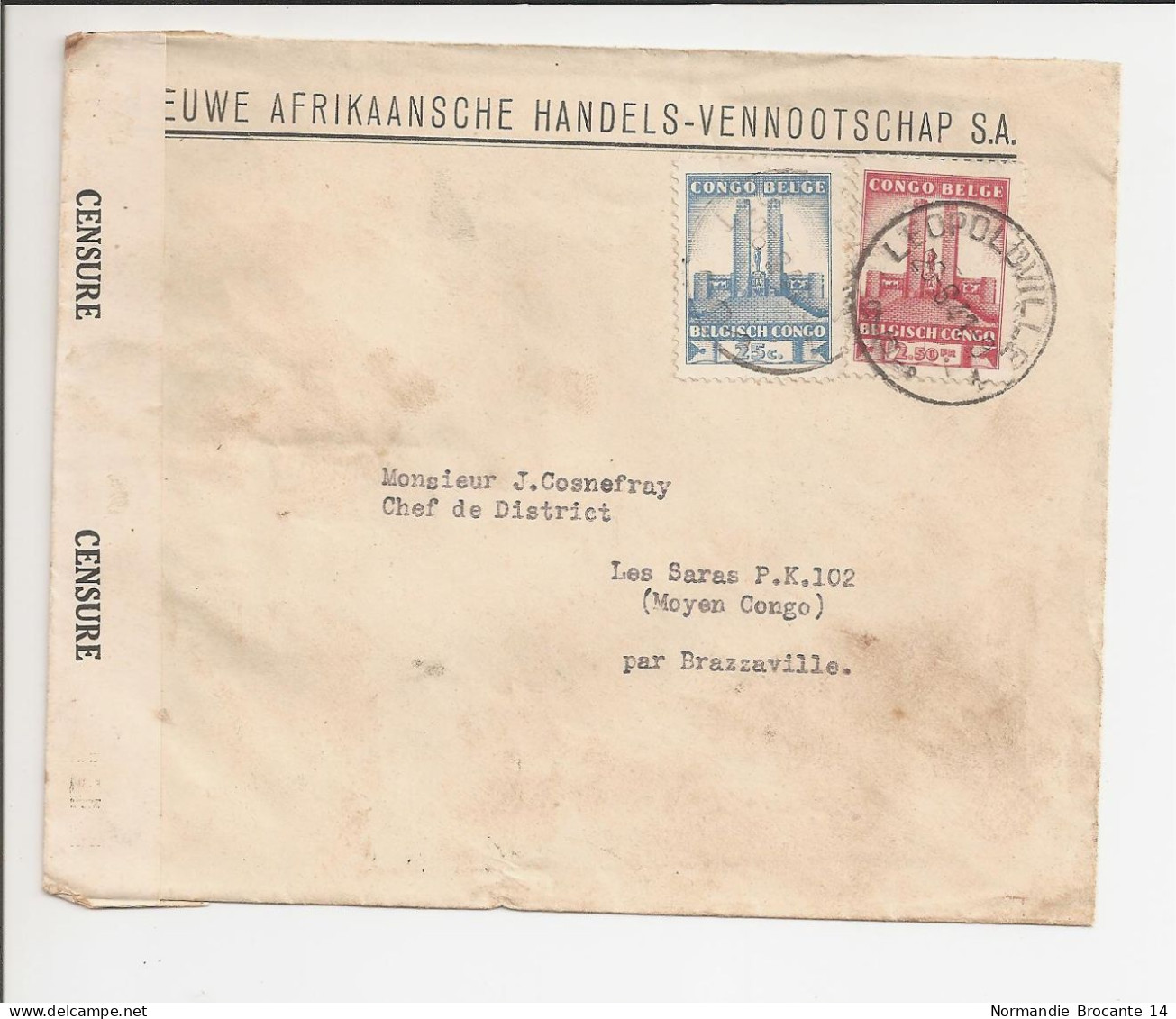 Lettre Du Congo Belge Pour AEF (Moyen Congo)  - Juin 1941 - Censure Militaire - Cartas & Documentos