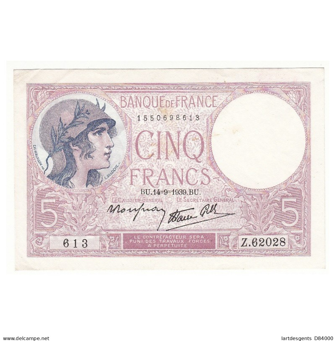 5 FRANCS VIOLET 14-09-1939 SPL  Fayette 4.8 - 5 F 1917-1940 ''Violet''