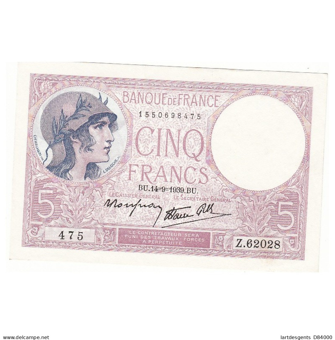 5 FRANCS VIOLET 14-09-1939  NEUF Fayette 4.8 - 5 F 1917-1940 ''Violet''