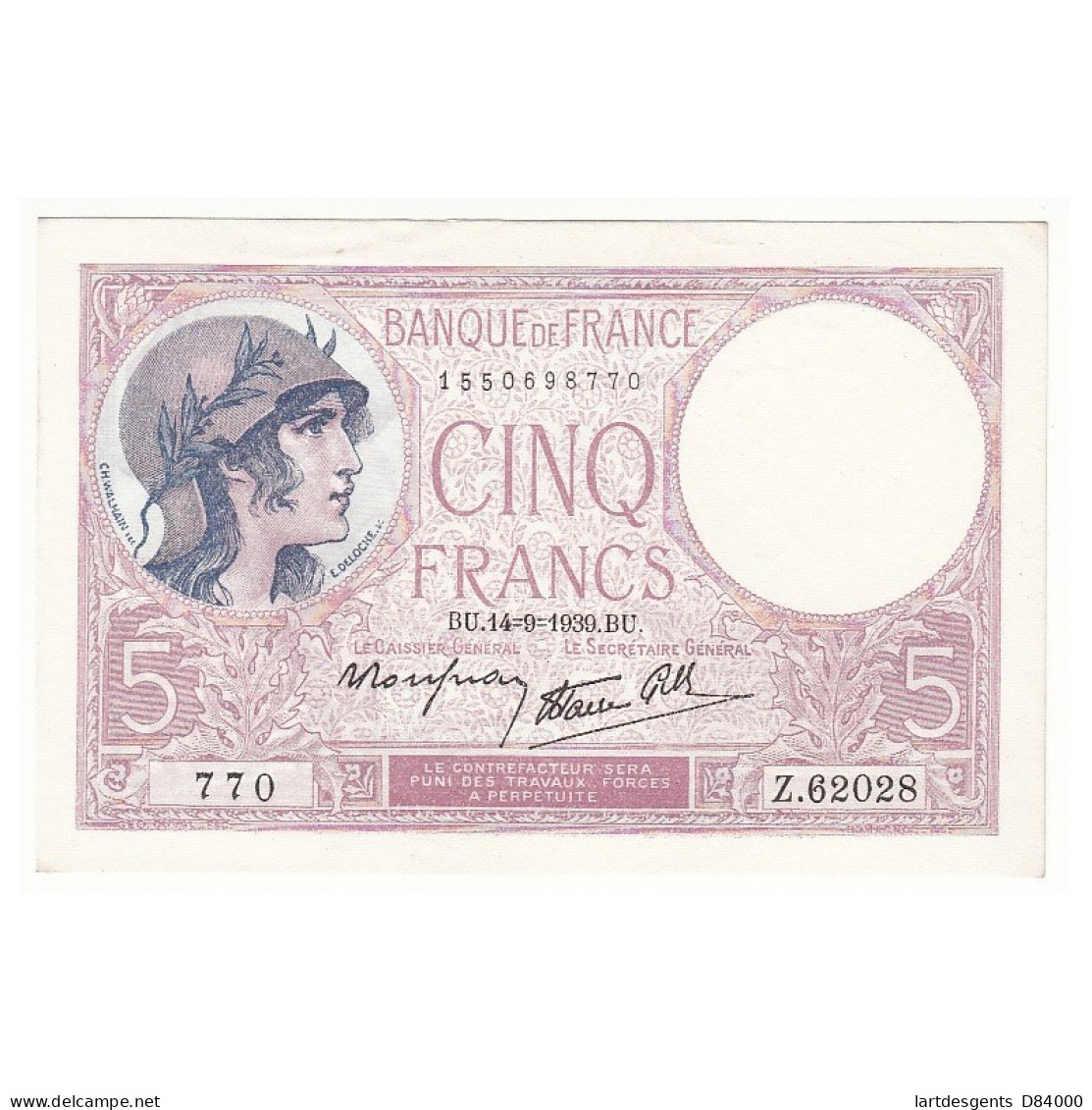 5 FRANCS VIOLET 14-09-1939  NEUF Fayette 4.8 - 5 F 1917-1940 ''Violet''