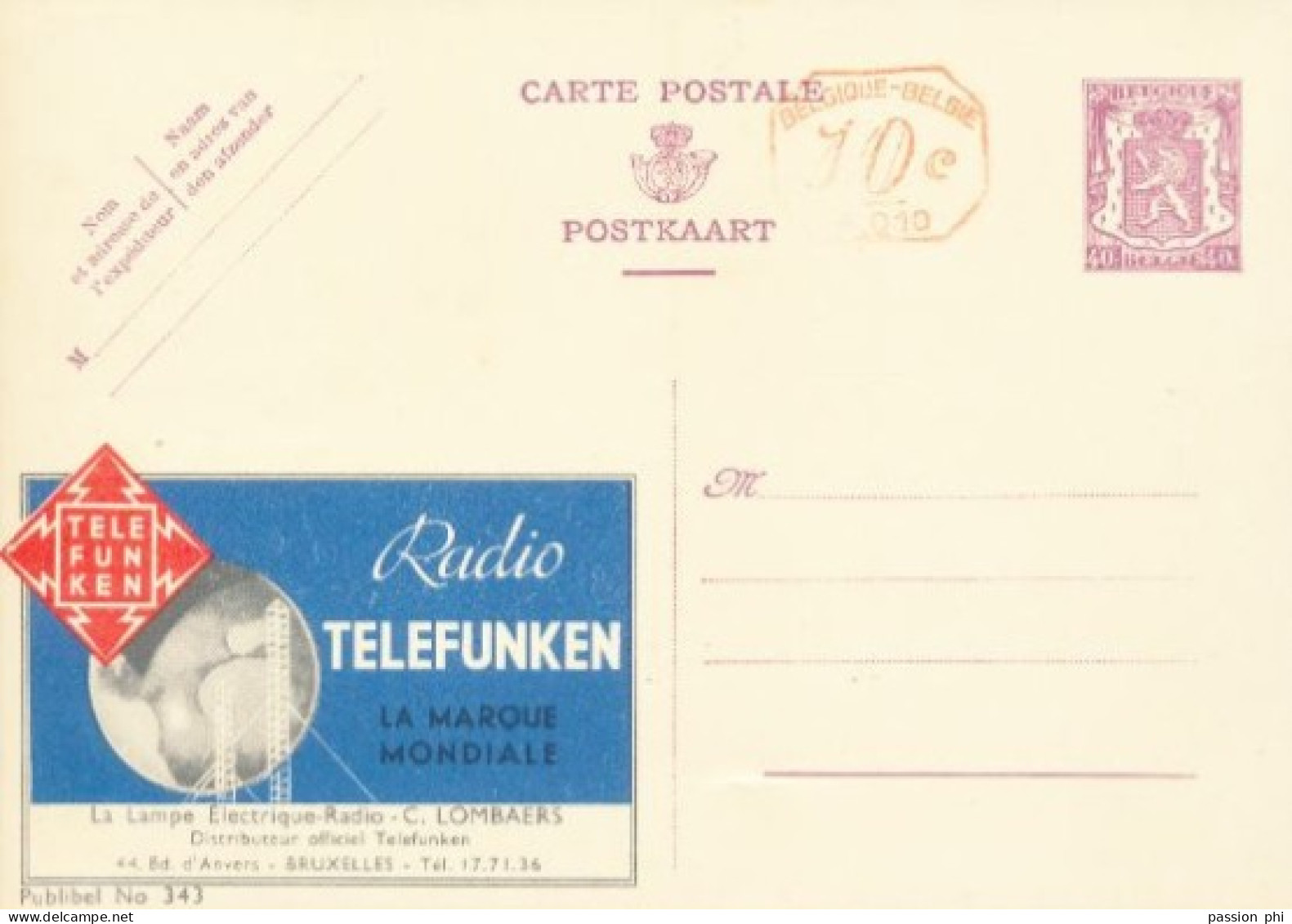 BELGIUM PPS  SBEP 8 PUBLIBEL 343M1 P010 RADIO TELEFUNKEN LOMBAERS UNUSED - Werbepostkarten