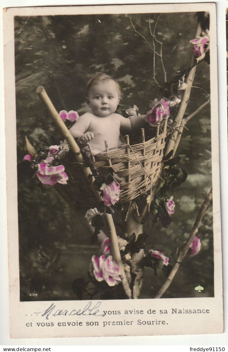 CPA Enfant . Bébé Dans Un Panier . Faire Part De Naissance De Marcelle  . 1911 - Baby's