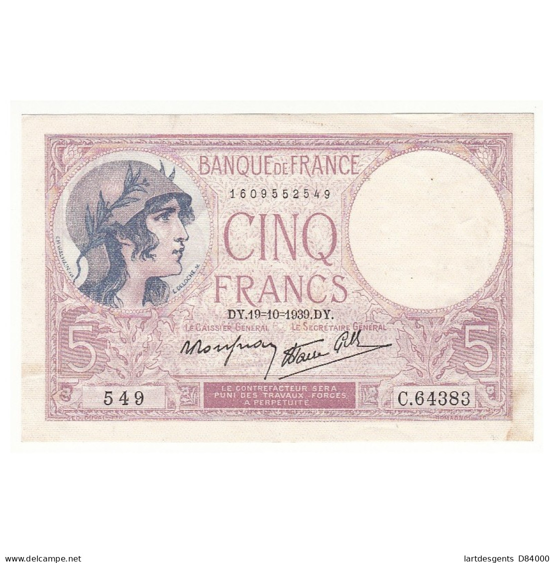 5 FRANCS VIOLET 19-10-1939  SPL  Fayette 4.12 - 5 F 1917-1940 ''Violet''