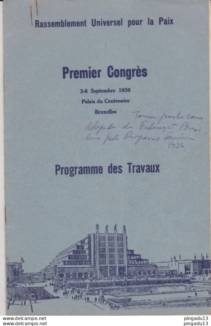 Au Plus Rapide Programme Premier Congrès Paix Bruxelles Belgique 3-6 Septembre 1936 - Programs
