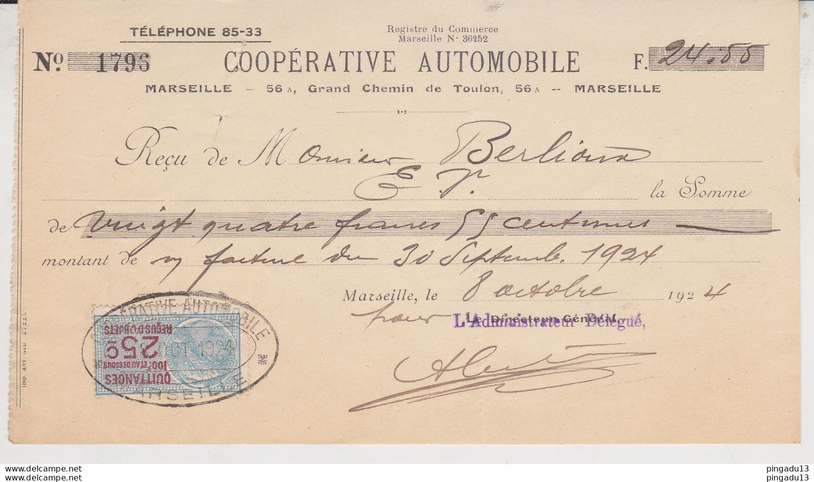 Fixe France Timbre Fiscal Reçu Coopérative Automobile Marseille 8 Oct 1924 - Lettres & Documents