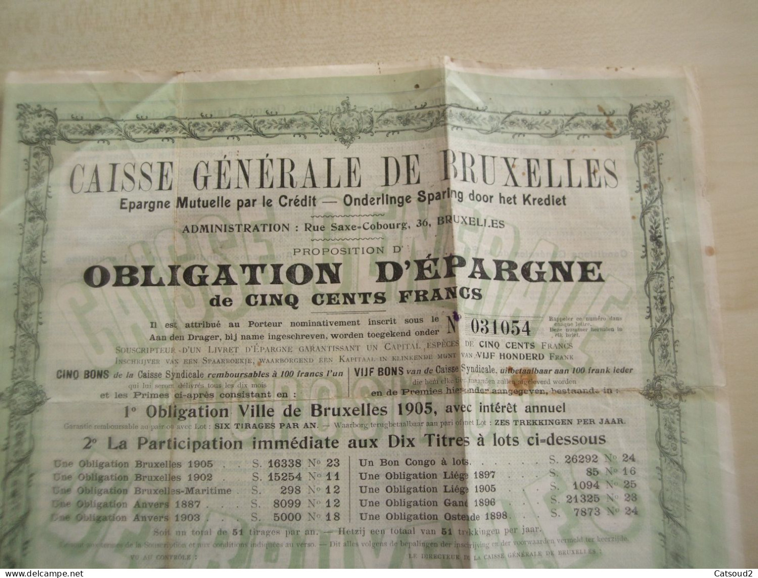 Ancienne Obligation1905 CAISSE GENERALE DE BRUXELLES - Andere & Zonder Classificatie