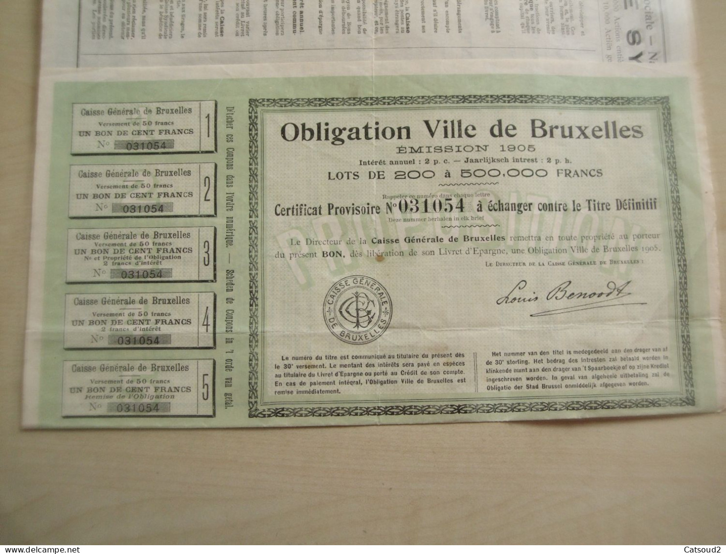 Ancienne Obligation1905 CAISSE GENERALE DE BRUXELLES - Autres & Non Classés