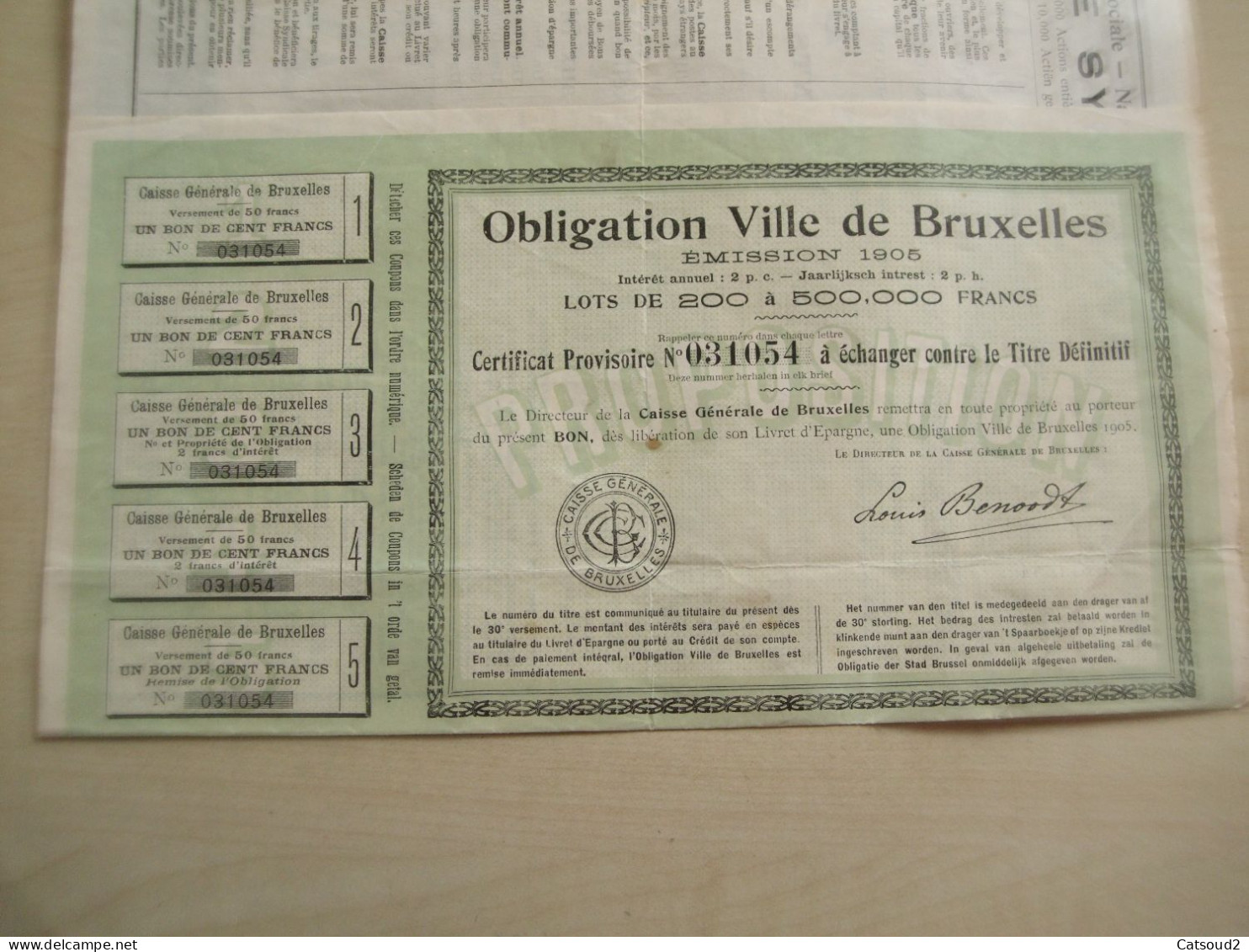 Ancienne Obligation1905 CAISSE GENERALE DE BRUXELLES - Sonstige & Ohne Zuordnung