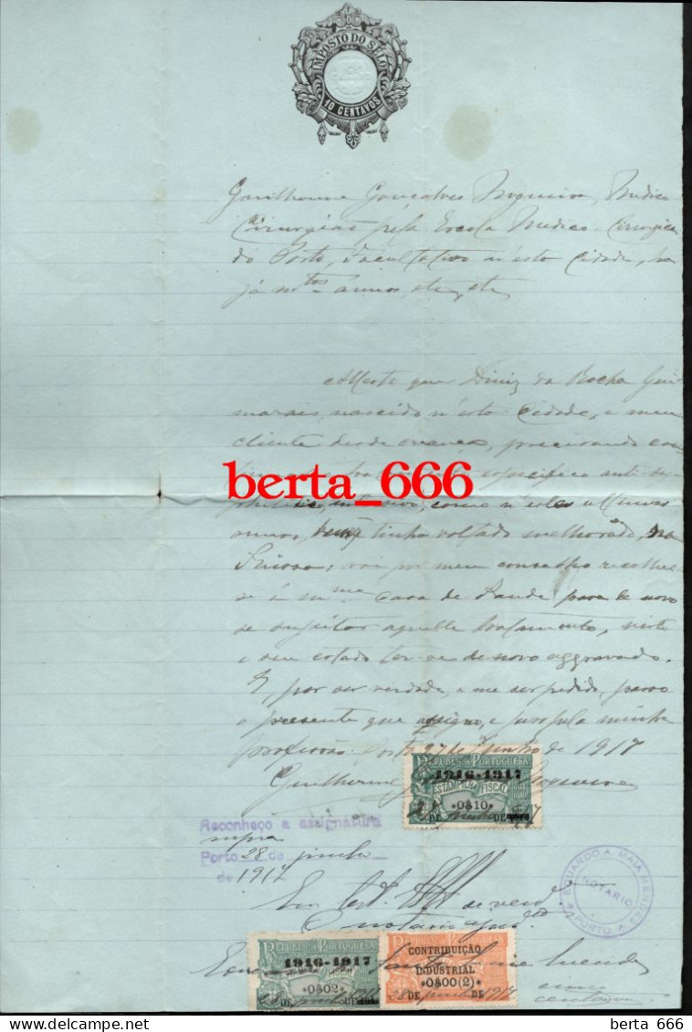 Atestado Médico * Estampilhas Fiscais * Porto 1917 * Reconhecimento Notarial * Portugal Medical Certificate - Historical Documents