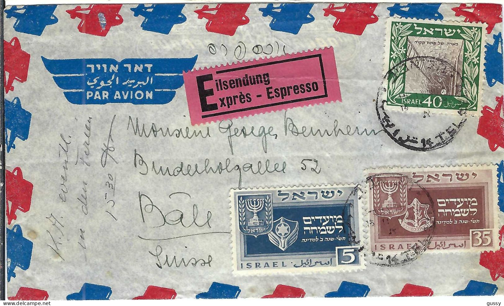 ISRAEL P.A. Ca.1949: LSC Par Exprès De Tel-Aviv Pour BÂLE (Suisse) - Luftpost