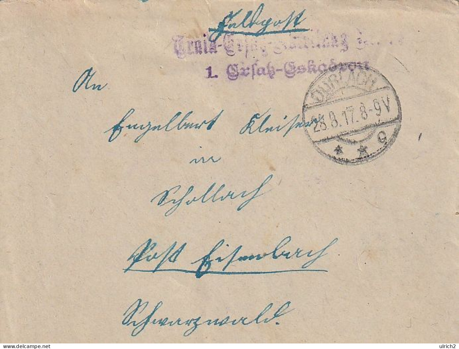 Feldpostbrief - Train-Ersatz-Abtlg. 14 1. Ersatz-Eskadron - Durlach 1917 (69370) - Covers & Documents