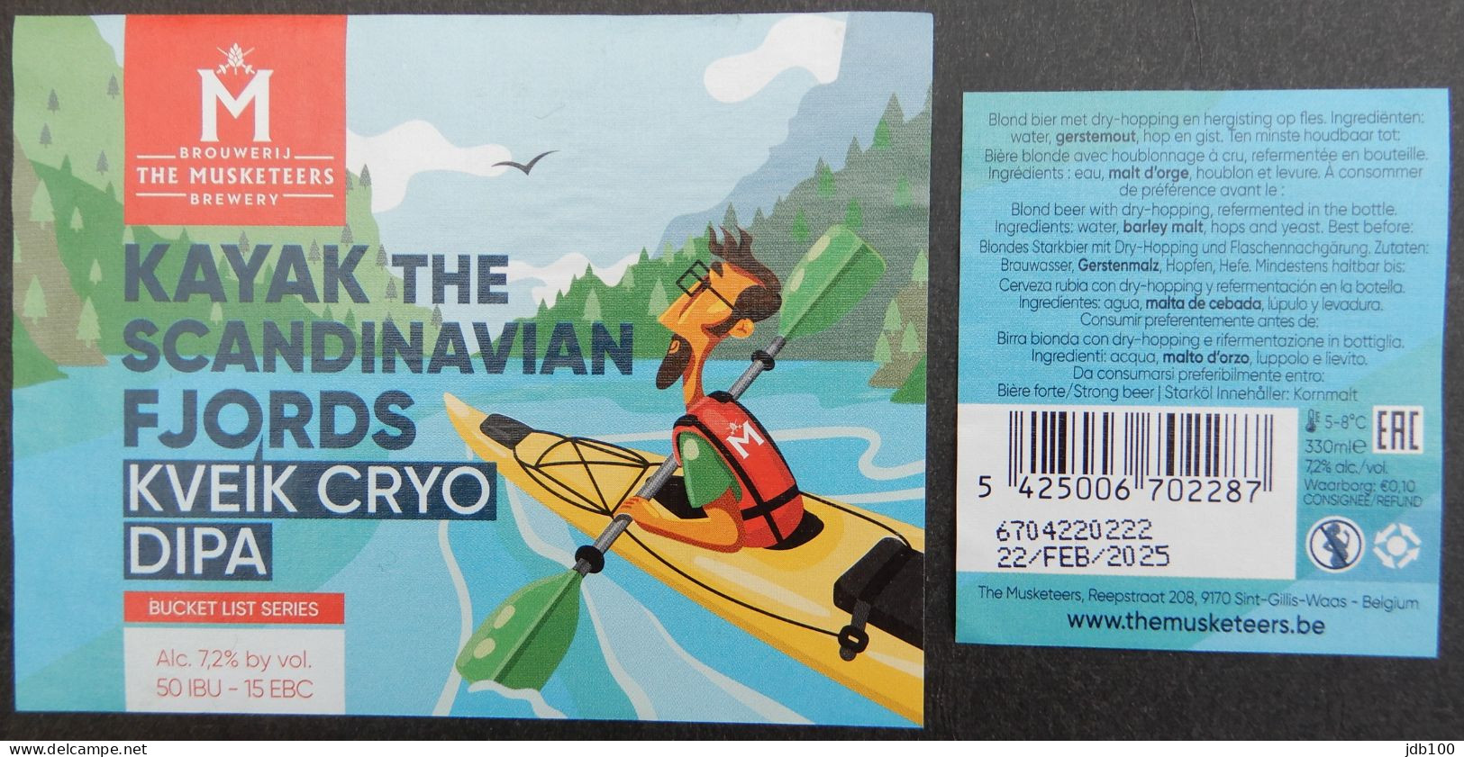 Bier Etiket (7p9), étiquette De Bière, Beer Label, Kayak The Scandinavian Fjords Brouwerij The Musketeers - Bière