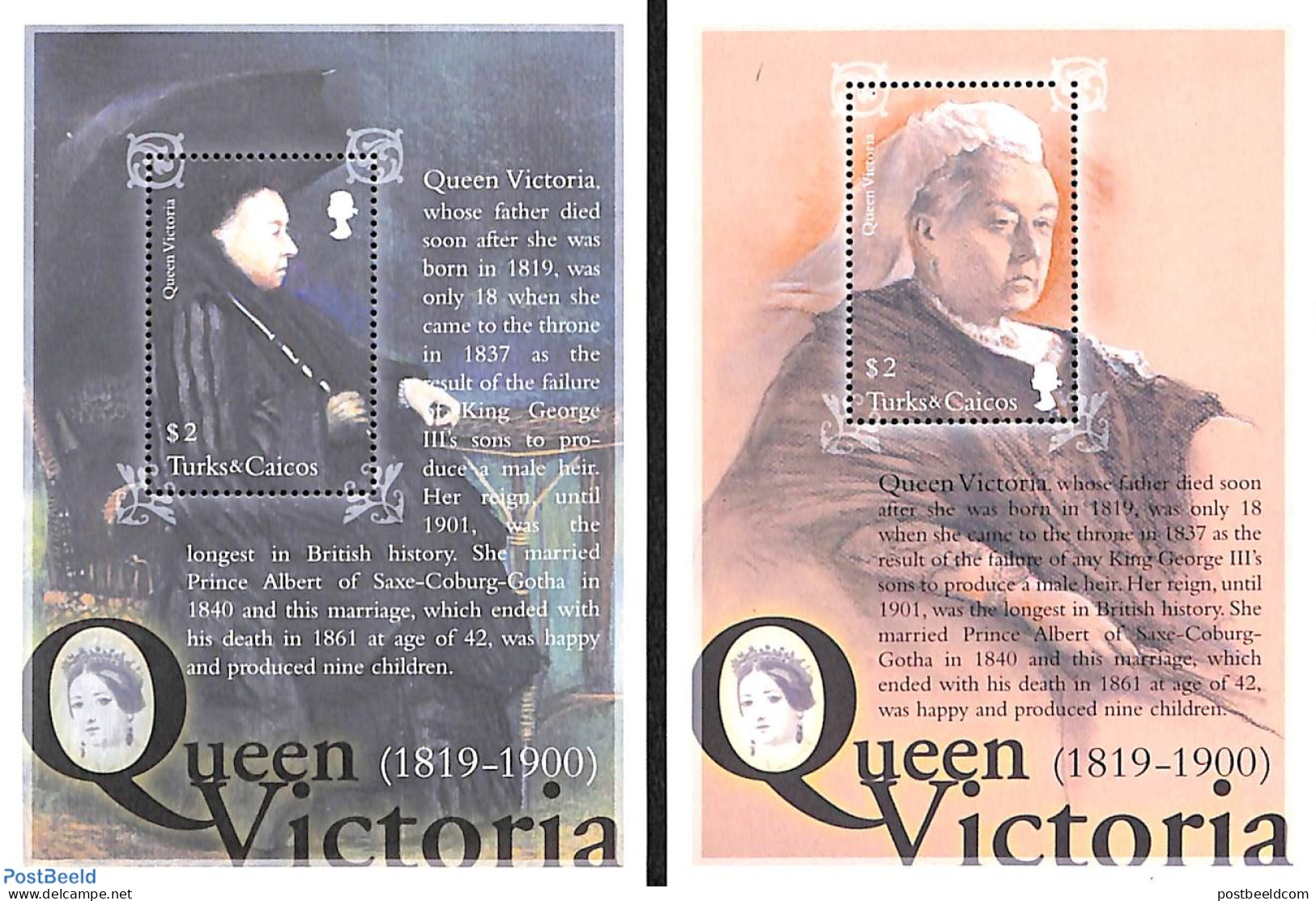 Turks And Caicos Islands 2001 Queen Victoria 2 S/s, Mint NH, History - Kings & Queens (Royalty) - Familles Royales