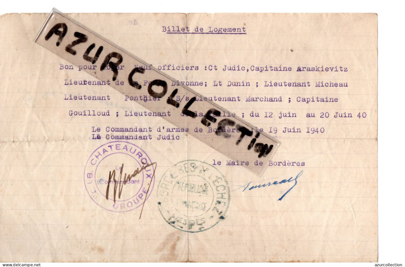 BILLET DE LOGEMENT A BORDERES . 19/06/1940 - 1939-45