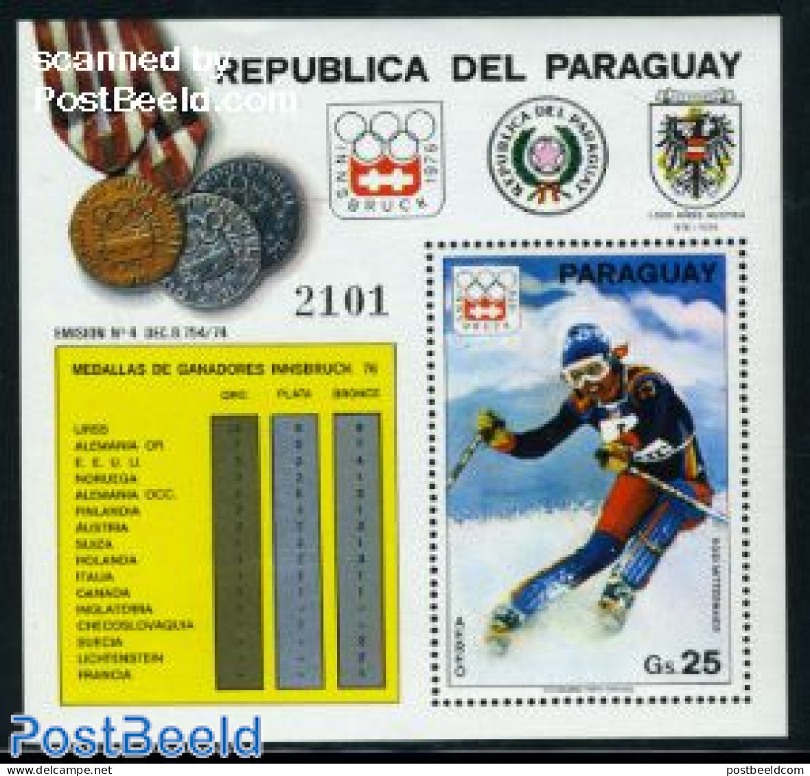 Paraguay 1976 Olympic Winter Winners S/s, Mint NH, Sport - Olympic Winter Games - Skiing - Ski