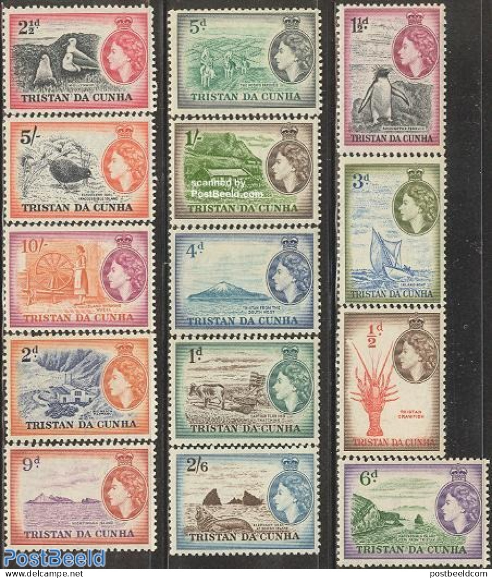 Tristan Da Cunha 1954 Definitives, Island Views 14v, Mint NH, Nature - Transport - Various - Birds - Penguins - Sea Ma.. - Boten