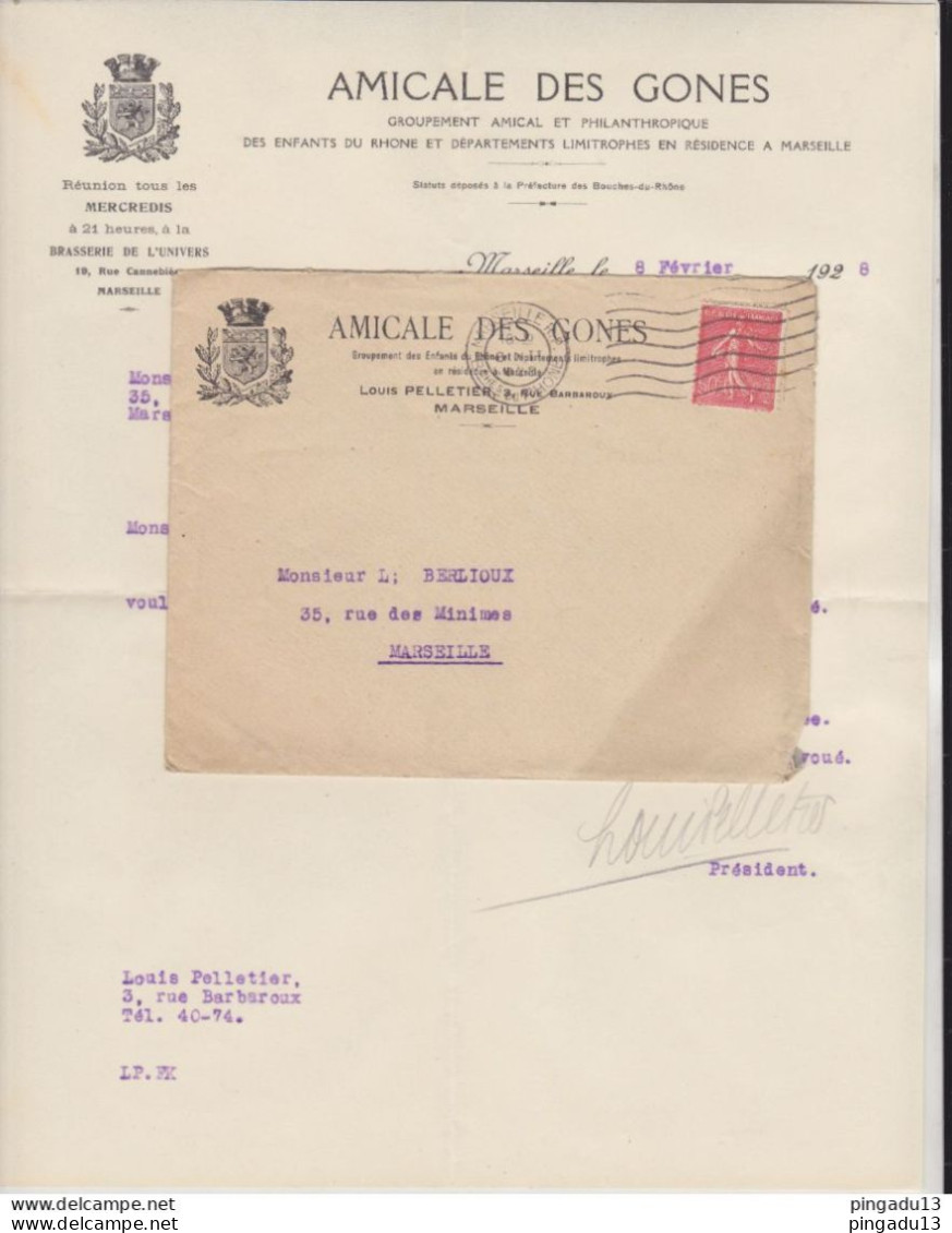 Fixe Lettre En-tête Amicale Des Gones Marseille 8 Février 1928 Affranchissement Semeuse - 1921-1960: Période Moderne