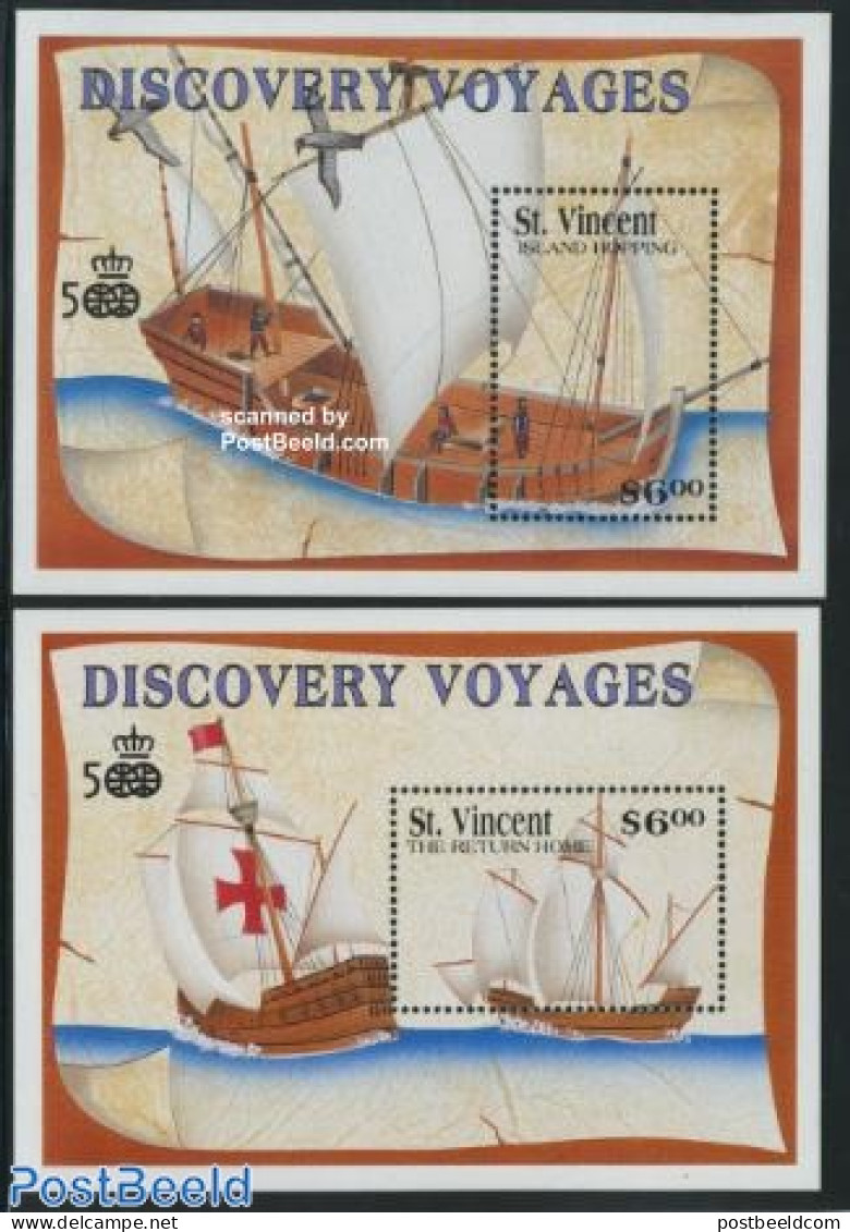 Saint Vincent 1991 Discoveries 2 S/s, Mint NH, History - Transport - Explorers - Ships And Boats - Space Exploration - Explorers
