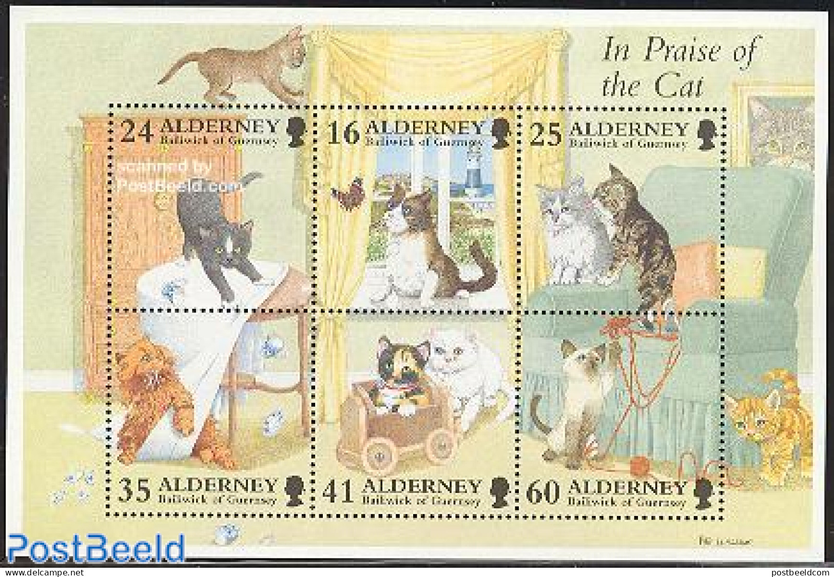 Alderney 1996 Cats S/s, Mint NH, Nature - Various - Butterflies - Cats - Lighthouses & Safety At Sea - Lighthouses