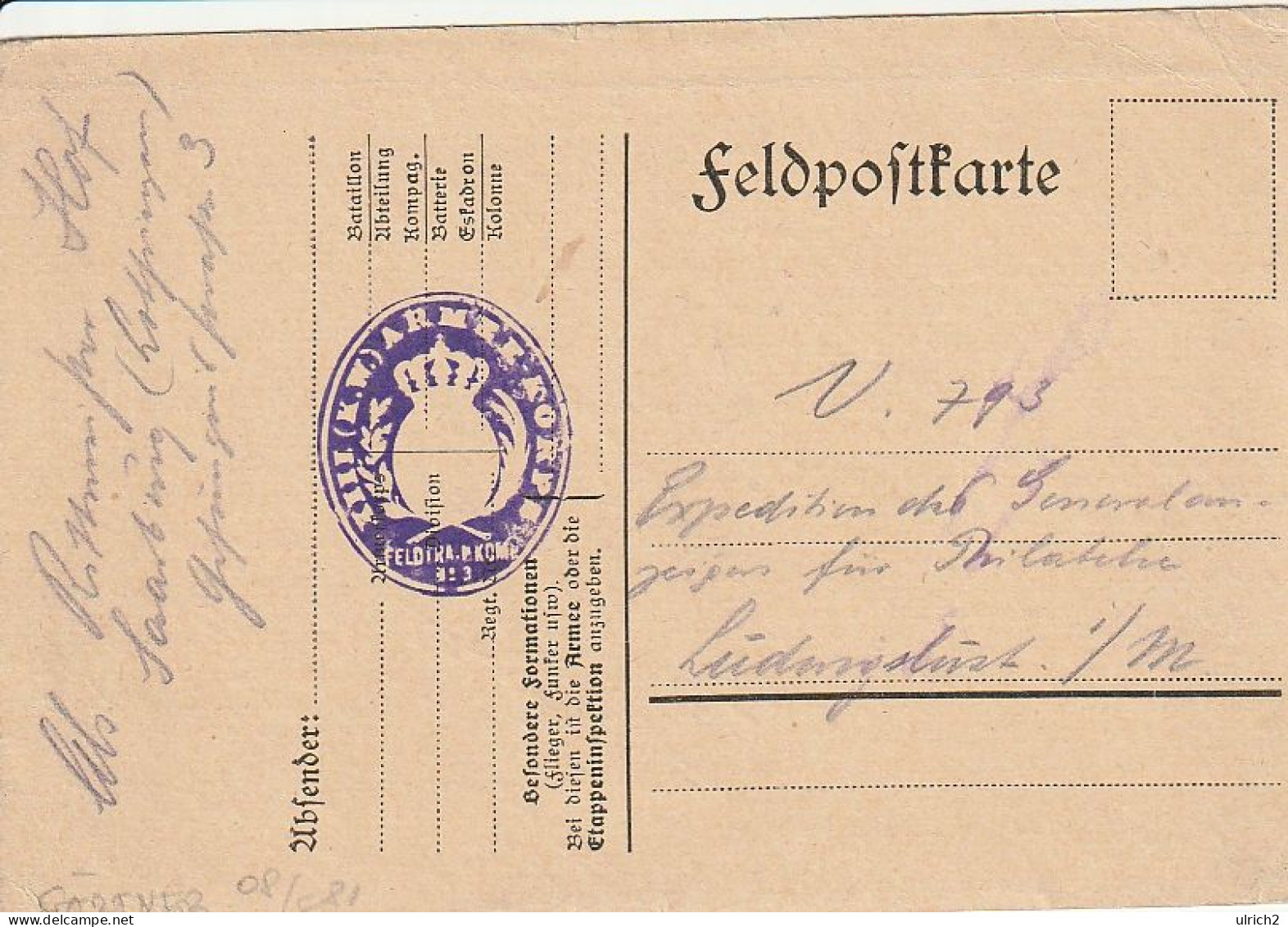 Feldpostkarte - XIII. (K.W.) Armee-Korps Feldtrainkomp. No. 3 - 1915 (69371) - Brieven En Documenten