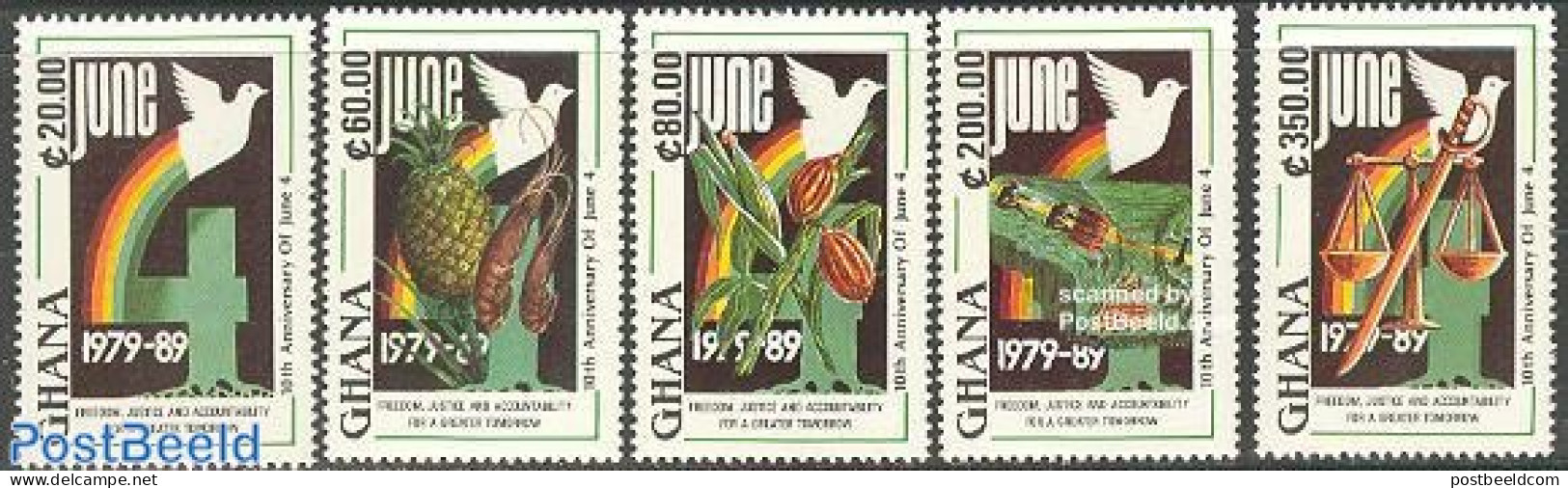 Ghana 1990 June Revolution 5v, Mint NH, Nature - Science - Various - Birds - Fruit - Mining - Weights & Measures - Agr.. - Obst & Früchte