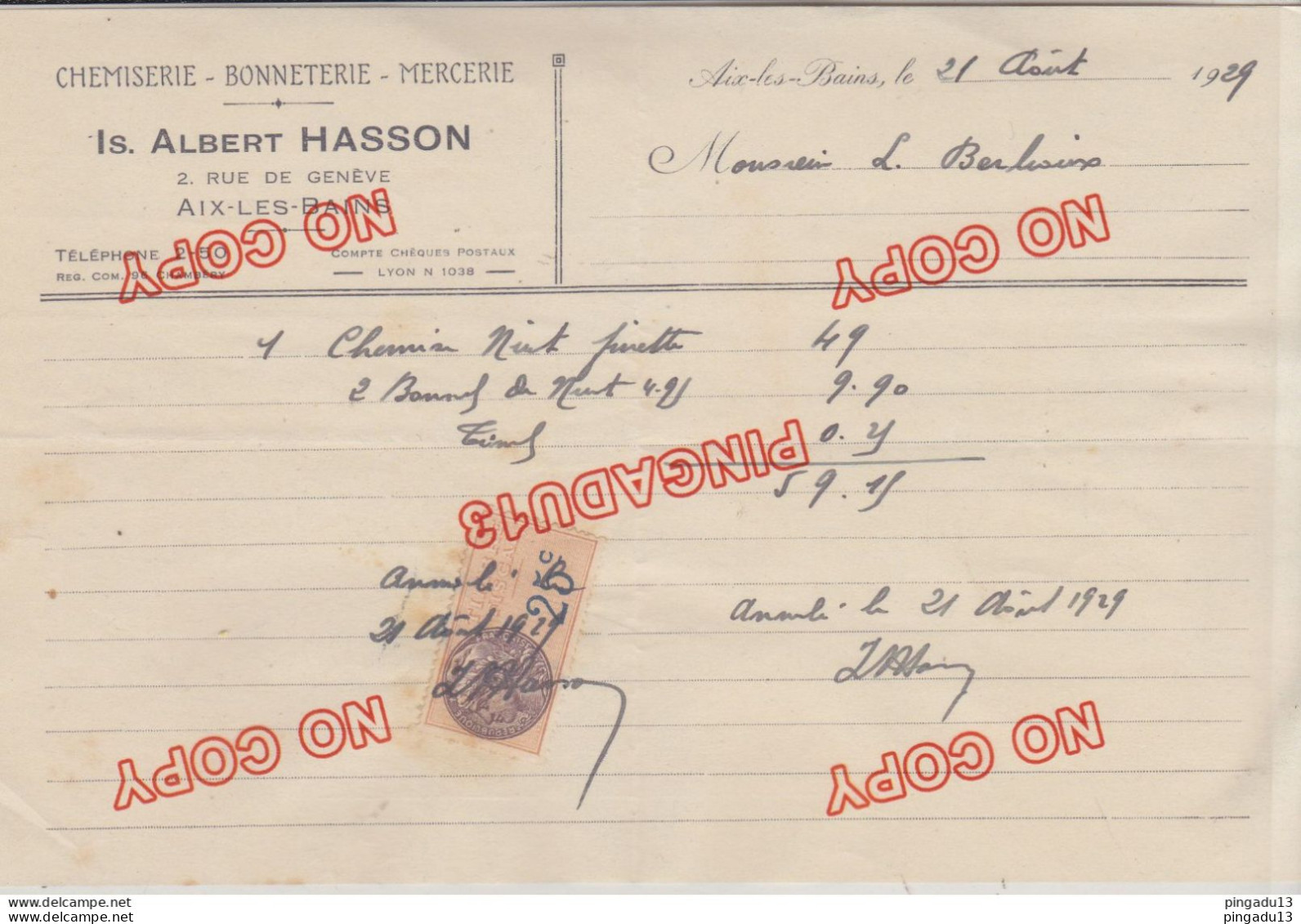 Fixe Timbre Fiscal Facture Hasson Chemiserie Aix Les Bains Août 1929 - Storia Postale