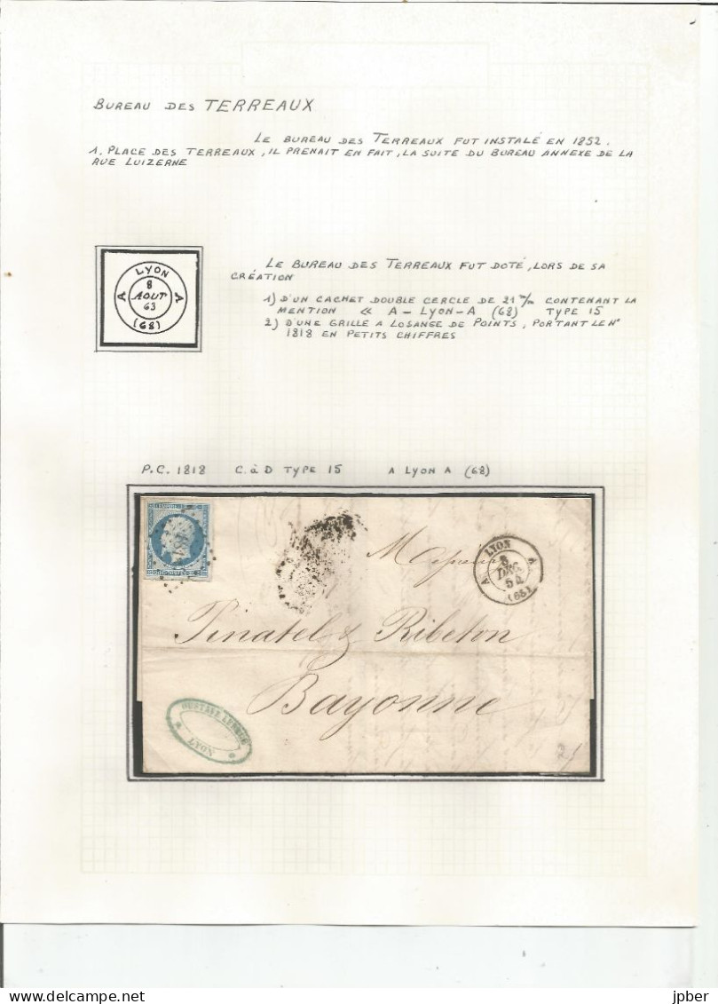 France - LYON - Etude Des Cachets Du Bureau Des TERREAUX De 1852 à Type Sage - 28 Timbres Et 15 Lettres Et Documents - 1849-1876: Classic Period
