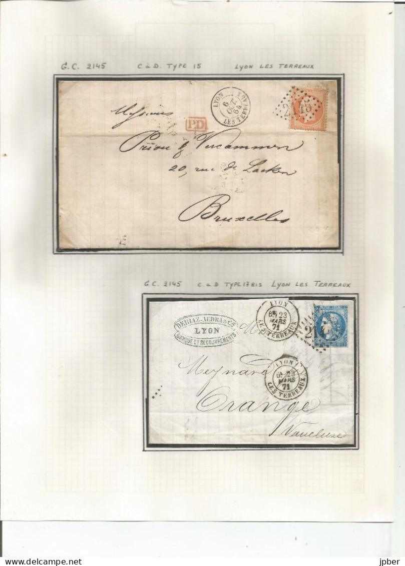 France - LYON - Etude Des Cachets Du Bureau Des TERREAUX De 1852 à Type Sage - 28 Timbres Et 15 Lettres Et Documents - 1849-1876: Classic Period