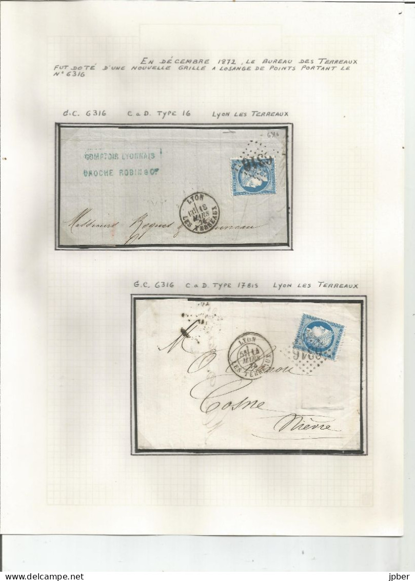 France - LYON - Etude des cachets du bureau des TERREAUX de 1852 à type Sage - 28 timbres et 15 lettres et documents