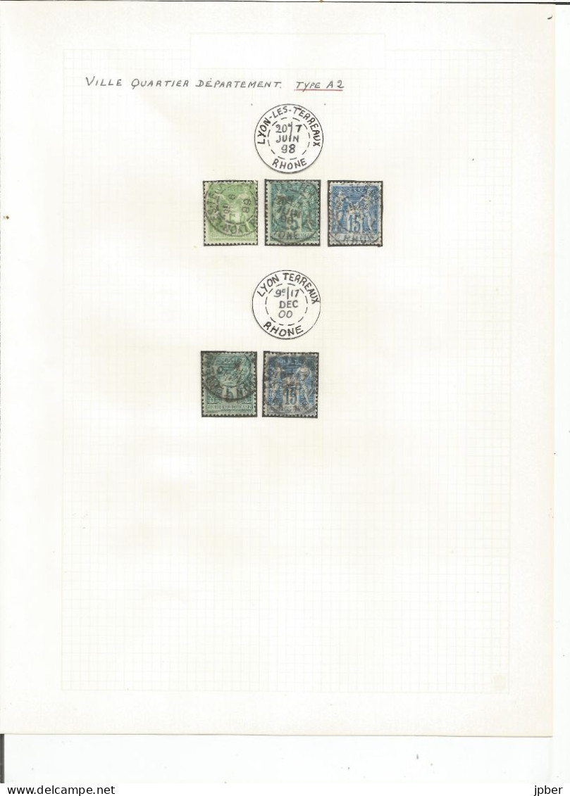France - LYON - Etude des cachets du bureau des TERREAUX de 1852 à type Sage - 28 timbres et 15 lettres et documents