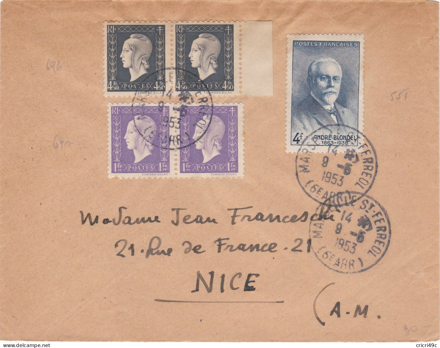 Enveloppe 1953  Marseille à Nice  N° Y&T 551 - 689 - 696 - Brieven En Documenten