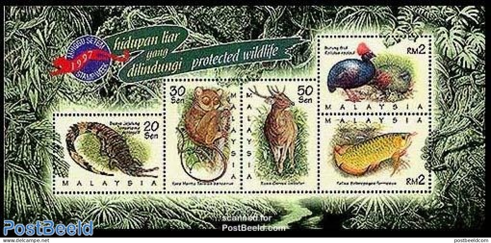 Malaysia 1997 Protected Animals S/s, Mint NH, Nature - Animals (others & Mixed) - Birds - Deer - Fish - Poultry - Poissons