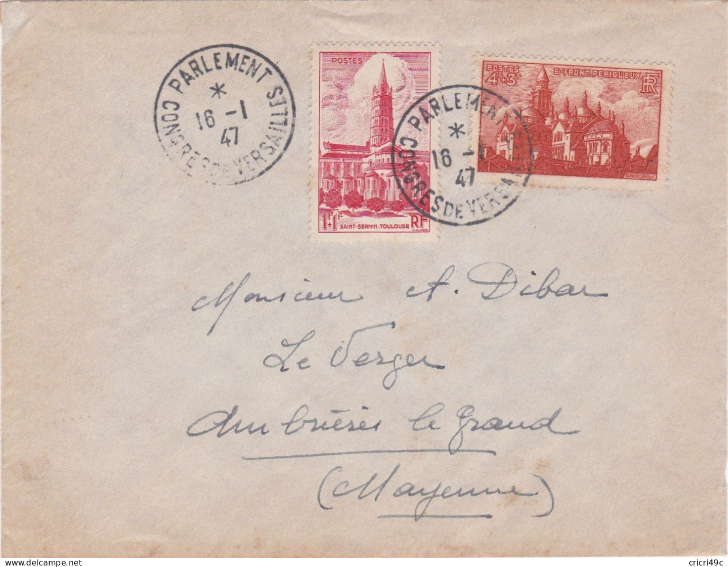 Enveloppe 1947  Parlement Congrès De Versailles Le 16/01/1947 N) Y&T 772 - 773 - Covers & Documents