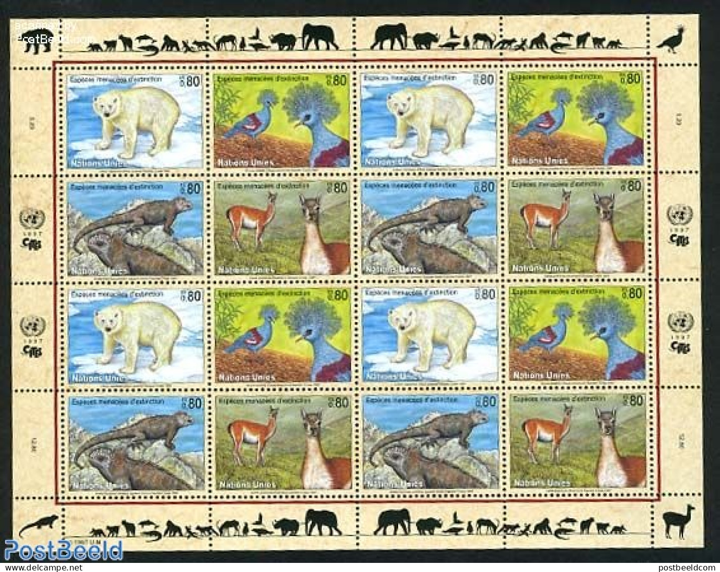 United Nations, Geneva 1997 Endangered Animals M/s, Mint NH, Nature - Animals (others & Mixed) - Bears - Birds - Repti.. - Autres & Non Classés