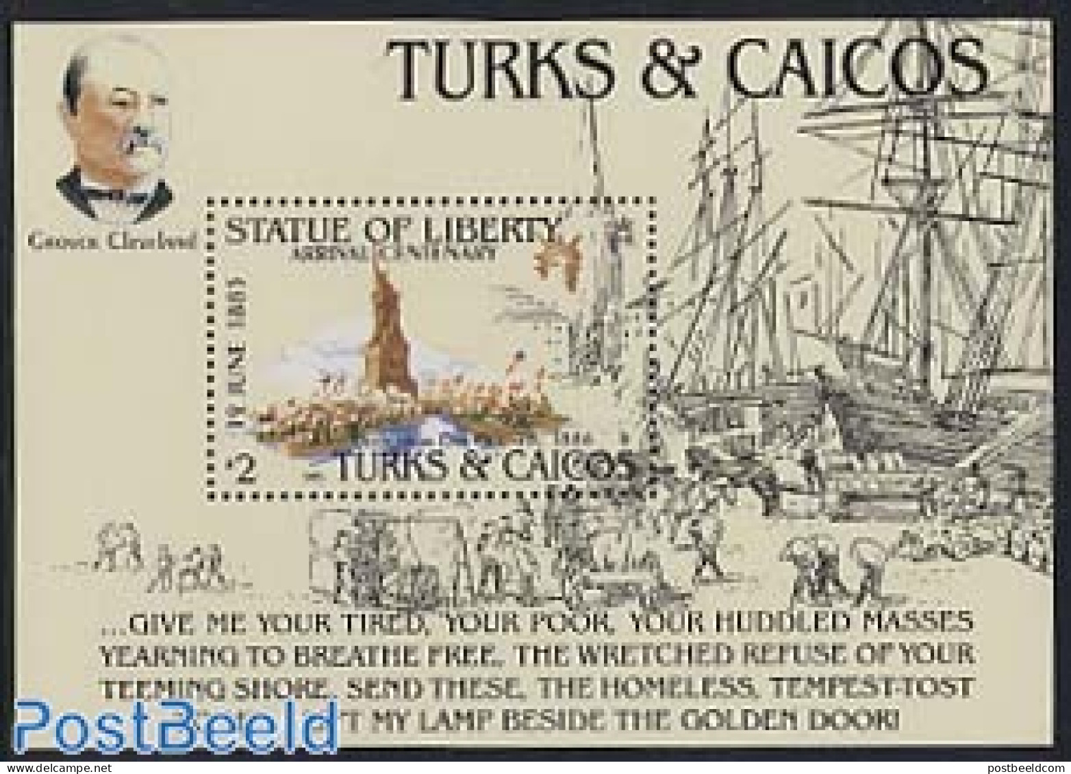 Turks And Caicos Islands 1985 Statue Of Liberty S/s, Mint NH, Transport - Ships And Boats - Art - Sculpture - Boten