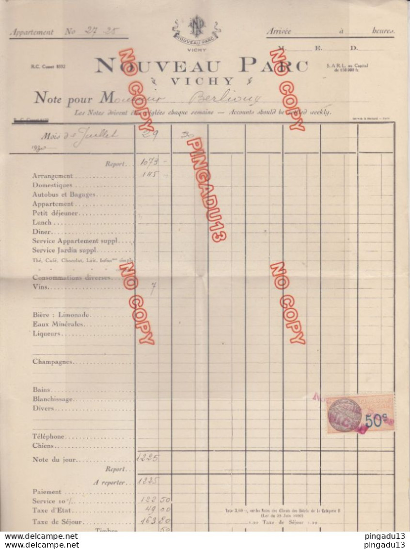 Fixe Vichy Allier Hôtel Nouveau Parc Séjour de M B... en Juillet 1930 timbre fiscal très bel ensemble