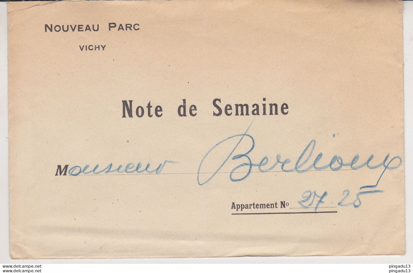 Fixe Vichy Allier Hôtel Nouveau Parc Séjour de M B... en Juillet 1930 timbre fiscal très bel ensemble