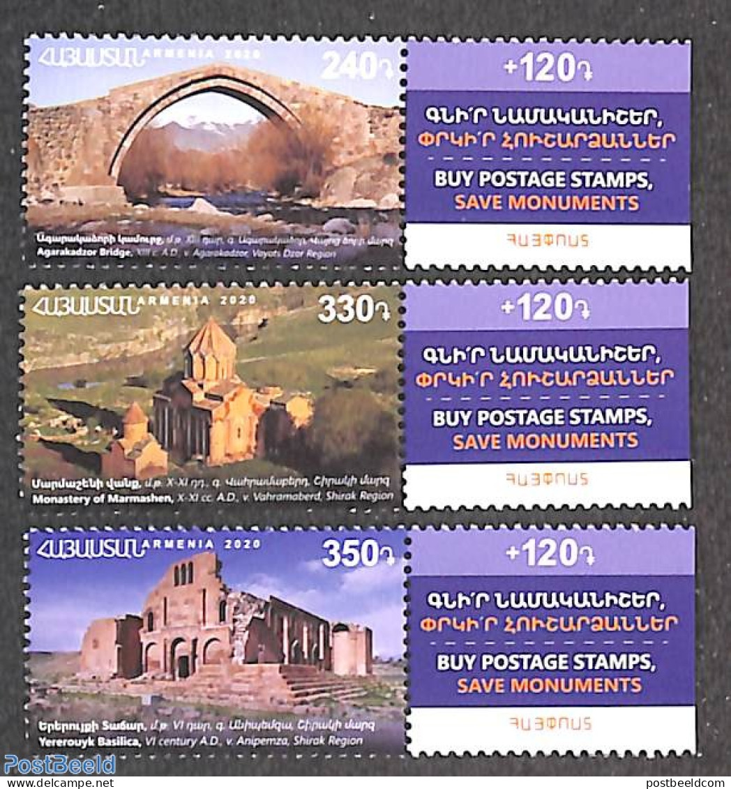 Armenia 2020 Save Historical Monuments 3v+tabs, Mint NH, Religion - Churches, Temples, Mosques, Synagogues - Art - Bri.. - Eglises Et Cathédrales