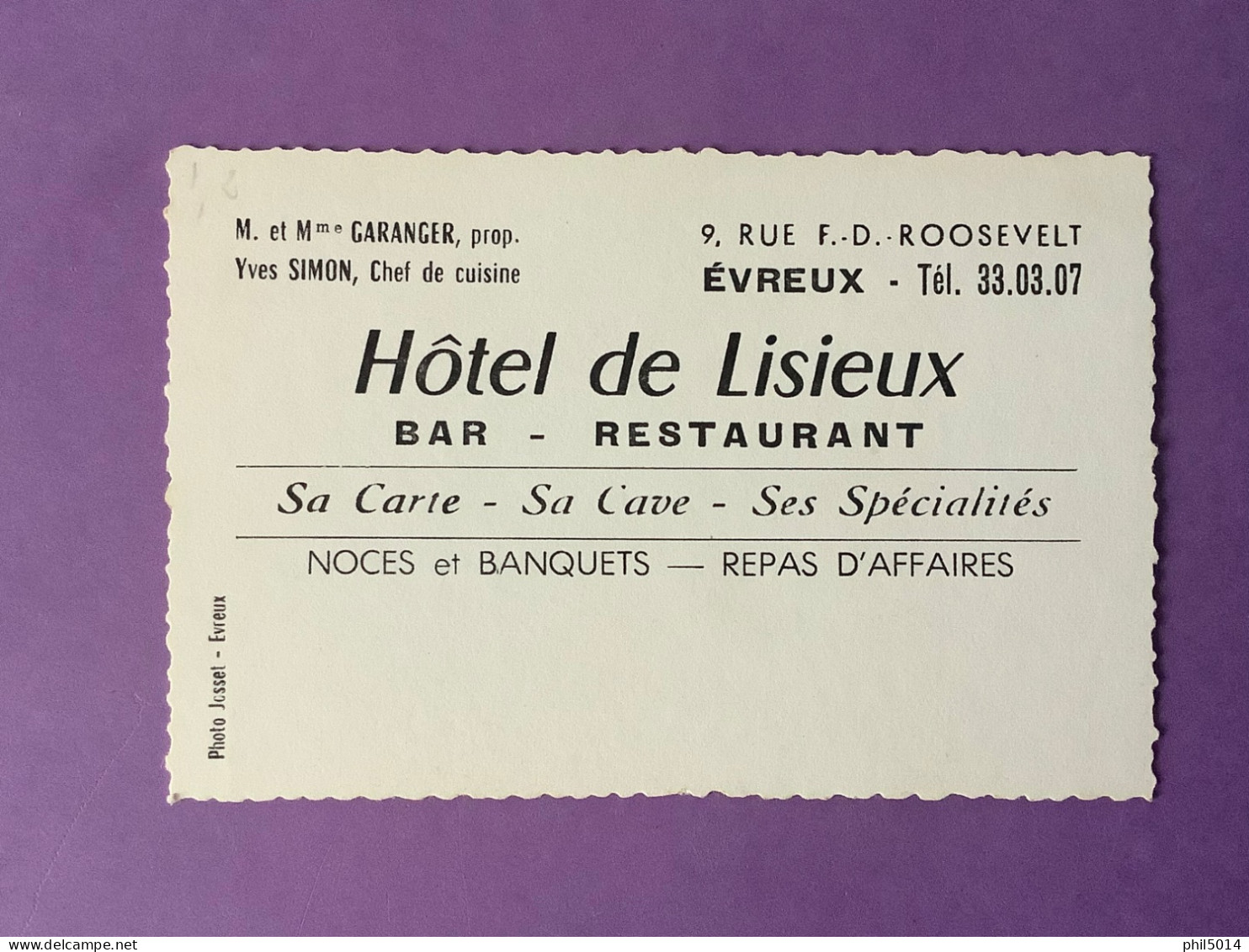 27   Carton Publicitaire 10,5 X 7   EVREUX   Hôtel De Lisieux Bar Restaurant     Très Bon état - Evreux