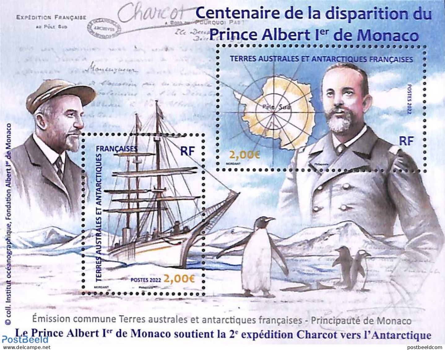 French Antarctic Territory 2022 Prince Albert 1er Death Centenary S/s, Mint NH, Nature - Transport - Various - Penguin.. - Nuovi