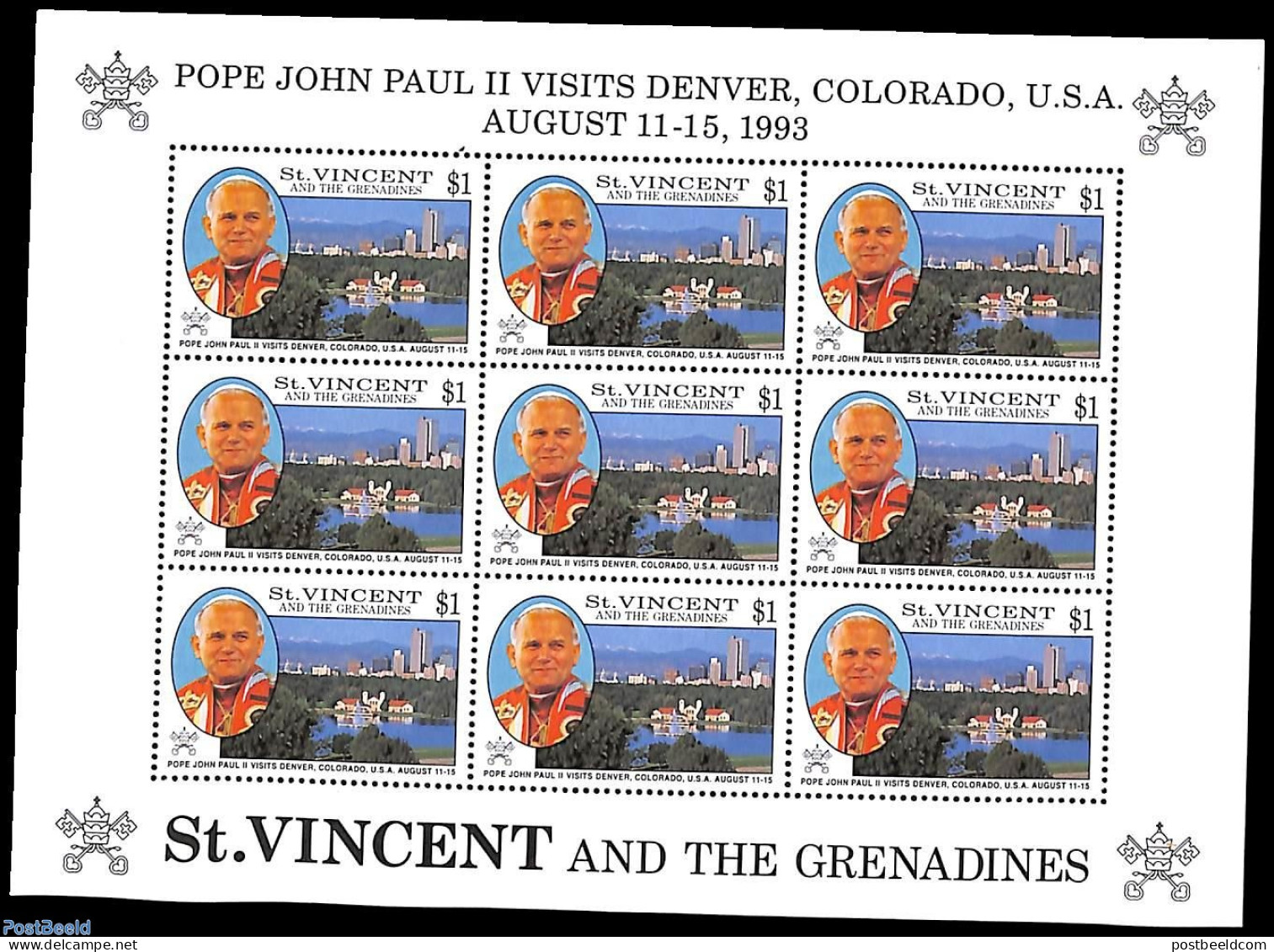 Saint Vincent 1993 Pope Visit M/s, Mint NH, Religion - Pope - Popes