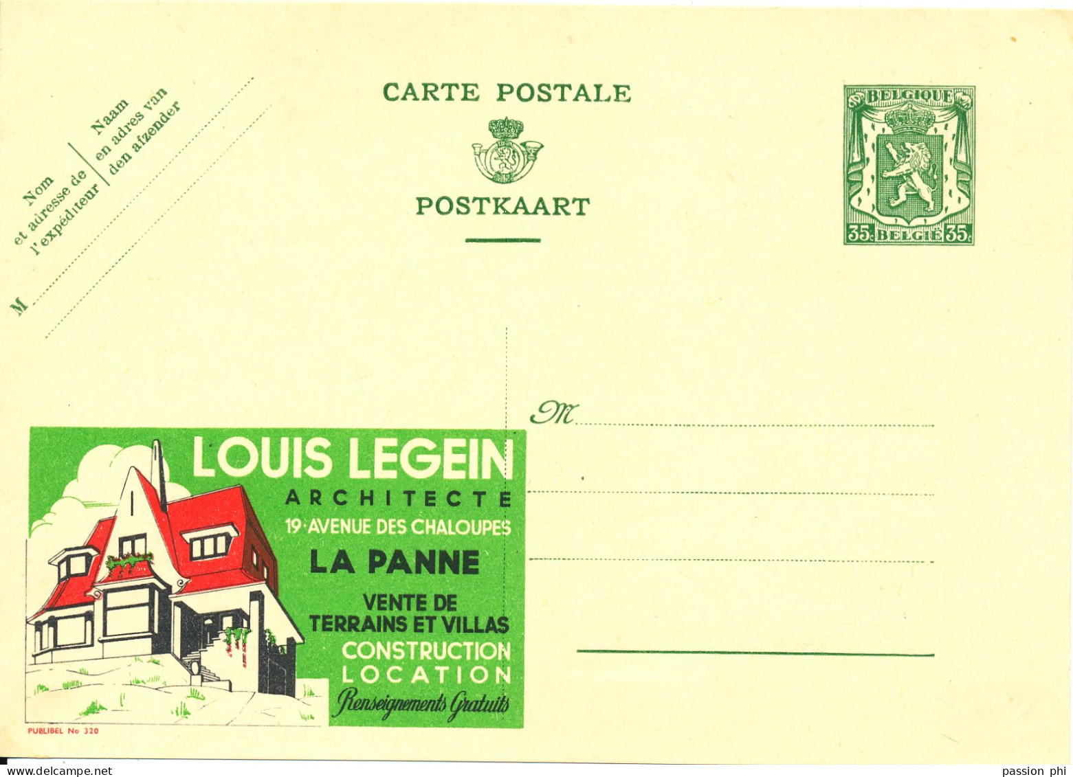 BELGIUM PPS  SBEP 7 PUBLIBEL 320 LOUIS LEGEIN ARCHITEECTE UNUSED - Publibels