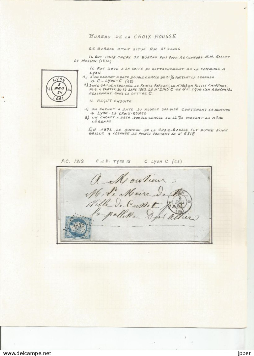 France - LYON - Etude Des Cachets Du Bureau CROIX-ROUSSE De 1852 à Type Sage - 3 Timbres Et 3 Lettres Et Documents - 1877-1920: Semi-Moderne