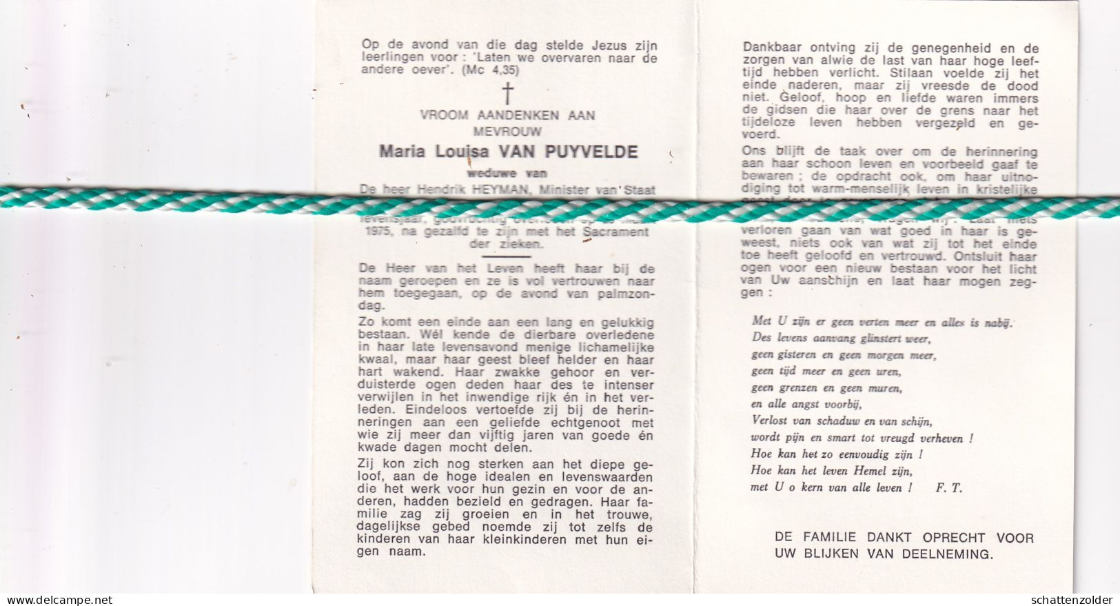 Maria Louisa Van Puyvelde-Heyman, Sint-Niklaas, Overleden 1975, 90jaar - Obituary Notices