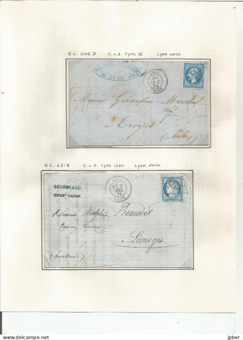 France - LYON - Etude Des Cachets Du Bureau VAISE De 1852 à Type Sage - 7 Timbres Et 3 Lettres Et Documents - 1877-1920: Semi-Moderne